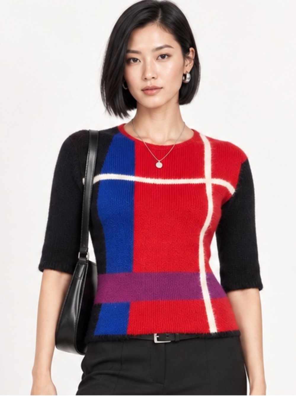 Liz Claiborne Vintage 80s Colorblock Knit Sweater Silk Angora Blend Top Small